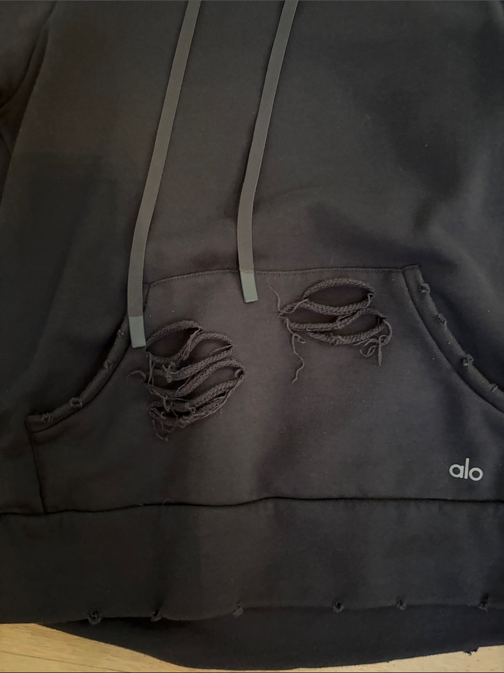 ALO Yoga Black Distressed Cowl Hoodie Sweater - Picture 3 of 7